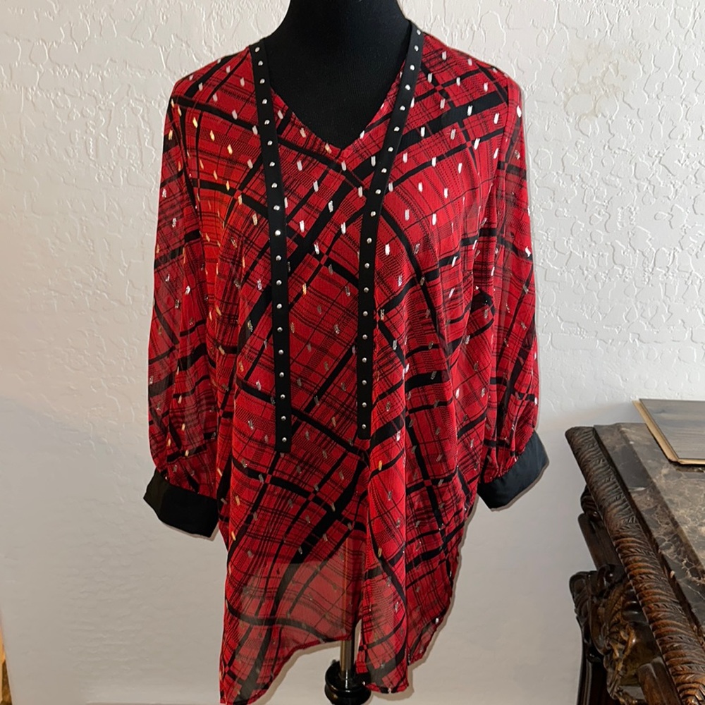 Slim Factor by Investments Plus Size Red Plaid Print Sheer V-Neck Collar…